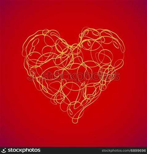 vector abstract love heart illustration. vector gold color abstract outline styled valentines&rsquo;s day loving heart decoration isolated red background