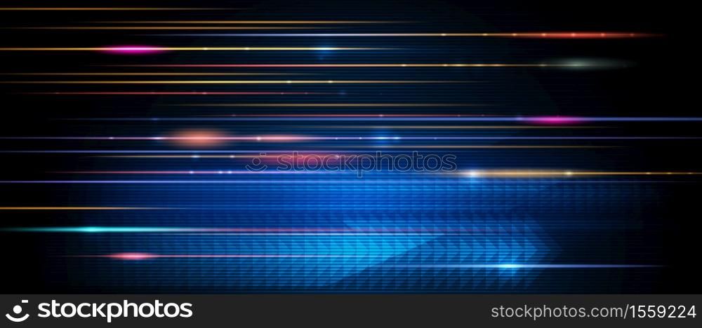 Vector Abstract, science, futuristic, energy technology concept. Digital image of arrow sign, light rays, stripes lines with blue light, speed movement pattern and motion blur over dark blue background