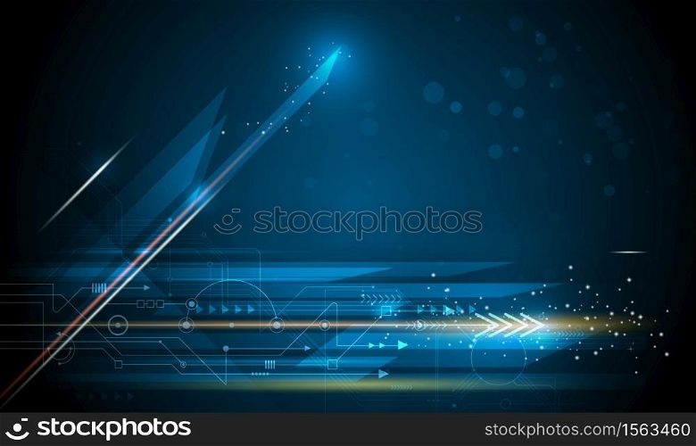 Vector Abstract, science, futuristic, energy technology concept. Digital image of circuit board, arrow sign, light rays, stripes lines with blue light, speed movement pattern and motion blur over dark blue background