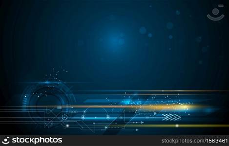 Vector Abstract, science, futuristic, energy technology concept. Image of circuit board, arrow sign, light rays, stripes lines with blue light, speed movement, motion blur over dark blue background