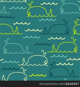 vector abstract sea background with seamless pattern of cartoon whales