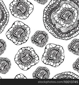 Vector Abstract Seamless Monochrome Composition. Ink Engraving Style. Funky Abstract Background Pattern
