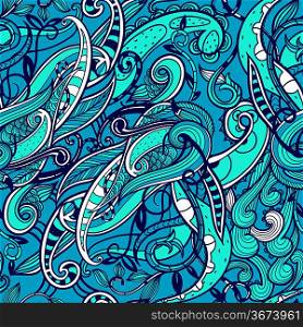 vector abstract seamless pattern with ornate blue waves and swirls