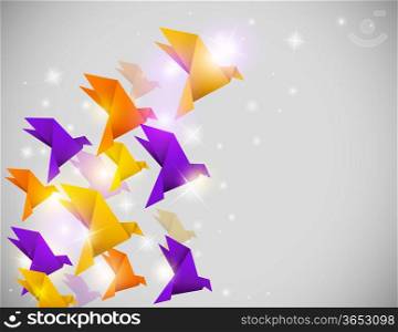 Vector abstract shining background with origami birds