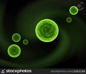 Vector abstract sphere green cocci bacteria cells concept on dark background. Sphere bacteria cells