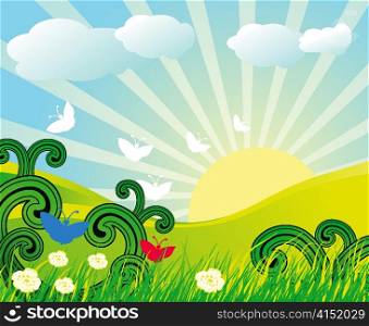 vector abstract spring background with butterflies