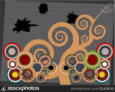 Vector abstract tree and multicoloured circles against black stripped grunge background