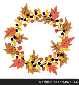 Vector abstract wreath of autumnal leaves and twigs in trendy seasonal shades. Happy Thanksgiving. Isolate. EPS. Design for greetings or invitation cards, poster, banner, brochure, price label or web