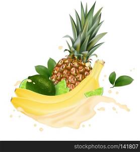 Vector ads 3d promotion banner. Realistic lime, banana, pineapple splashing with falling slices, juice drops, vitamins, leaves. Ice cream, yogurt brand advertising. Label poster template.