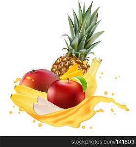 Vector ads 3d promotion banner, Realistic mango, apple, banana, pineapple splashing with falling slices, juice drops, vitamins, leaves. Ice cream, yogurt brand advertising. Label poster template.
