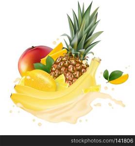 Vector ads 3d promotion banner, Realistic mango, lemon, banana, pineapple splashing with falling slices, juice drops, vitamins, leaves. Ice cream, yogurt brand advertising. Label poster template.