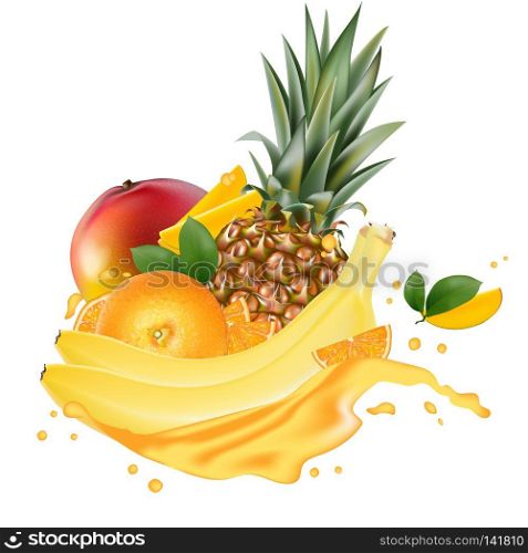 Vector ads 3d promotion banner, Realistic mango, orange, banana, pineapple splashing with falling slices, juice drops, vitamins, leaves. Ice cream, yogurt brand advertising. Label poster template.
