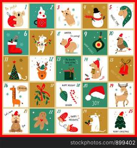 Vector Advent Christmas calendar with elements. Holiday card with funny animals and winter objects. Vector Advent Christmas calendar with funny elements