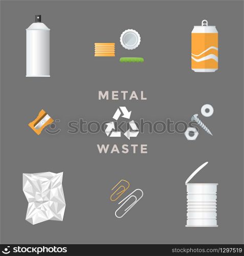 vector aerosol package caps aluminum can sharpener screws nuts foil clip recycle metal waste management set. recycle metal waste management set