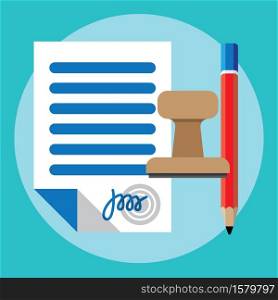 Vector agreement icon - contract, pencil and stamp. Contract