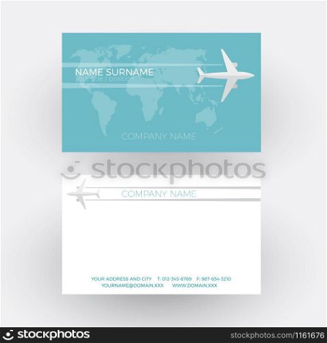 Vector air travel background. Airplane fly on the world. Business card