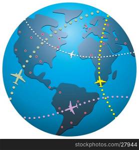 vector airplane flight paths over earth globe