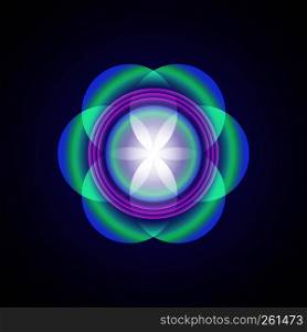 vector airy green violet transparent ornament design abstract mandala sacred geometry illustration seed of life isolated on dark background . vector mandala sacred geometry illustration