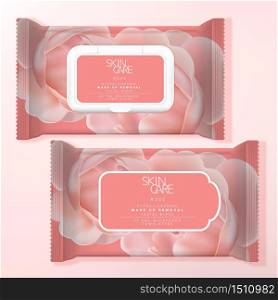 Vector Alcohol Cleansing Wipe or Make Up Removal Wipe Packet Packaging, Resealable Label or Plastic Lid Format. Rose Pattern Printed.
