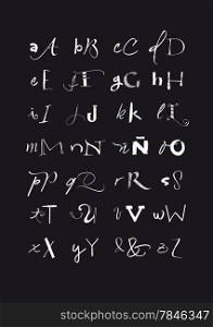 Vector alphabet. Black And white hand drawn letters written with a brush, marker, nib and pencil. Eps vector file and hi-res jpg included.