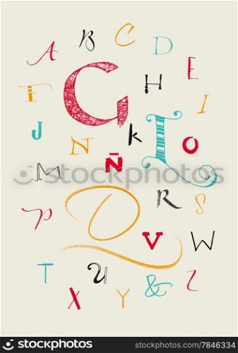 Vector alphabet. Color full hand drawn letters written with a brush, marker, nib and pencil. Eps vector file and hi-res jpg included.