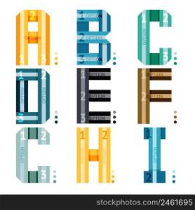 Vector alphabet letters with stripes and number options for use as infographic deisgn elements a-b-c-d-e-f-g-h-i  a part collection in a series of three sets