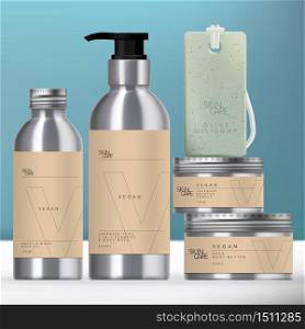 Vector Aluminum Beverage or Beauty Packaging Set with Screw Cap Pump Bottle, Jar & Soap on Rope.