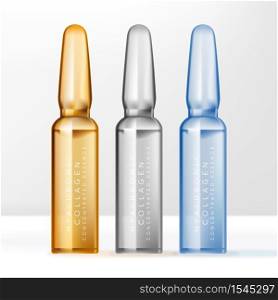 Vector Ampoules Bottle Container for Beauty or Skincare Product. Clear, Blue & Yellow.