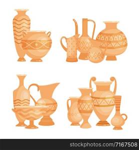 Vector ancient vases, bowls and goblets isolated on white background. Illustration of pottery and amphora, bowl and goblet made of earthenware. Vector ancient vases, bowls and goblets isolated on white background