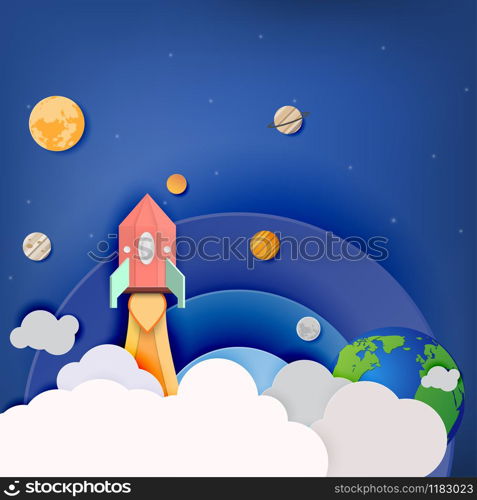 Vector and illustration space rocket launch and galaxy. paper art style.