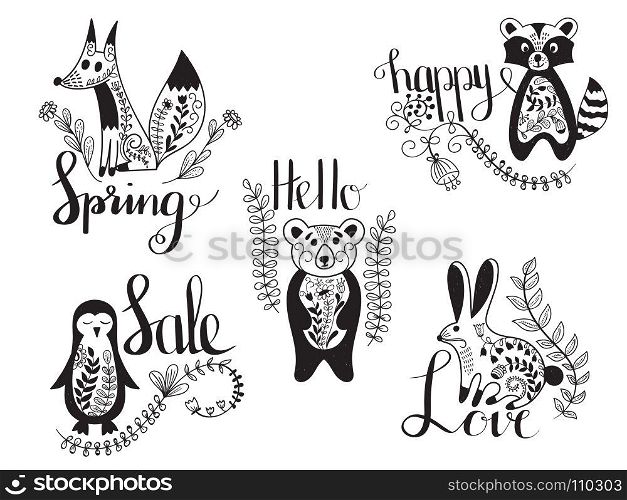 Vector Animals with spring messages. decorated with floral pattern