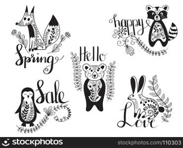 Vector Animals with spring messages. decorated with floral pattern