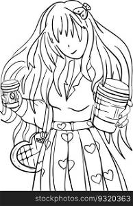 vector Anime girl with Paper cup of coffee.hand drawing ,coloring page,black and white