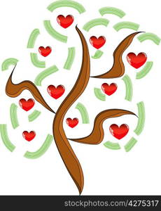 Vector apple tree with red fruits in the form of heart illustration Valentines