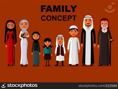  vector arab family, muslim people, saudi cartoon man and woman. Arab people father, mother, son, daughter, grandmother and grandfather standing together
