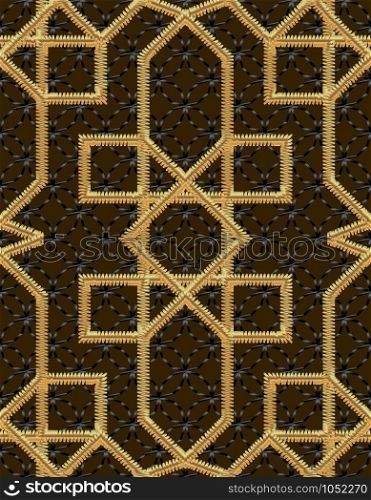 Vector Arabic seamless pattern embroidery with gold thread style. Traditional arab geometric decorative background illustrations. Arabic seamless pattern embroidery with gold thread style. Traditional arab geometric decorative background Vector illustrations