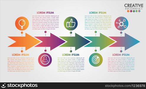 Vector arrows 5 steps timeline infographics template step by step, diagram chart, graph presentation. Business progress concept with 4 options, parts, steps.