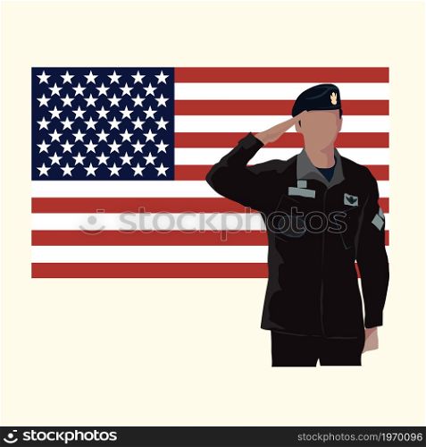 Vector art of a military serviceman saluting the American flag, american soldiers salute on USA flag