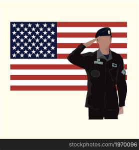 Vector art of a military serviceman saluting the American flag, american soldiers salute on USA flag