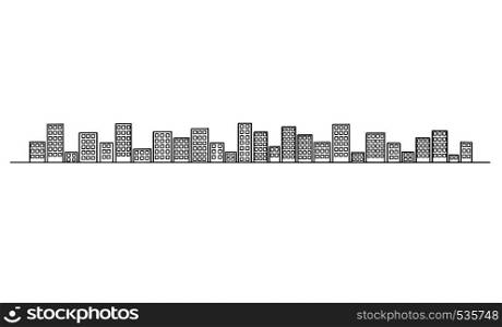 Vector artistic drawing and illustration of generic city buildings on horizon, simple cityscape. Long horizontal design element.. Vector Artistic Illustration and Drawing of Cityscape of City Buildings on Horizon, Long Horizontal Design Element