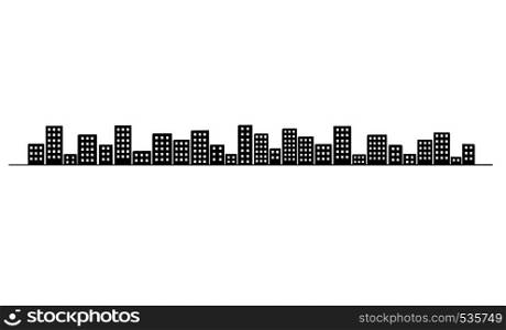 Vector artistic drawing and illustration of generic city buildings on horizon, simple cityscape. Long horizontal design element.. Vector Artistic Illustration and Drawing of Cityscape of City Buildings on Horizon, Long Horizontal Design Element