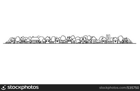 Vector artistic drawing and illustration of generic village or countryside buildings and gardens with trees in European style. Long horizontal design element.. Vector Artistic Illustration and Drawing of Classic Village Buildings and Gardens on Horizon, Long Horizontal Design Element