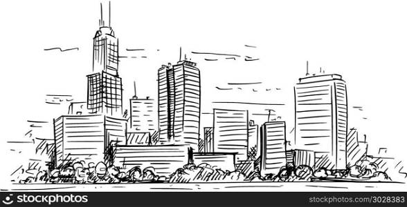 Vector Artistic Drawing Illustration of Generic City High Rise Cityscape Landscape with Skyscraper Buildings. Vector artistic sketchy pen and ink drawing illustration of generic city high rise cityscape landscape with skyscraper buildings.