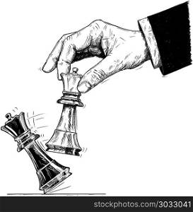 Vector Artistic Drawing Illustration of Hand Holding Chess King and Knocking Down Checkmate.. Vector artistic pen and ink drawing illustration of hand holding chess white king figure and knocking down the black king. Business concept of checkmate strategy and game.