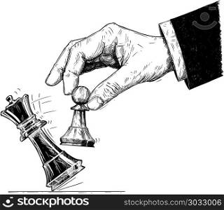 Vector Artistic Drawing Illustration of Hand Holding Chess Pawn and Knocking Down King. Checkmate.. Vector artistic pen and ink drawing illustration of hand holding chess pawn figure and knocking down the king. Business concept of checkmate strategy and game.