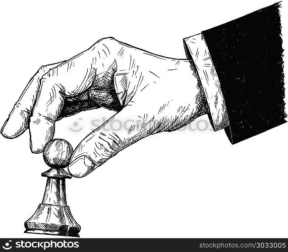 Vector Artistic Drawing Illustration of Hand Holding Chess Pawn Figure.. Vector artistic pen and ink drawing illustration of hand holding chess pawn figure. Business concept of strategy and game.