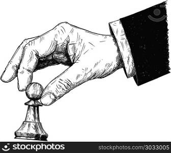 Vector Artistic Drawing Illustration of Hand Holding Chess Pawn Figure.. Vector artistic pen and ink drawing illustration of hand holding chess pawn figure. Business concept of strategy and game.