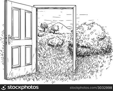 Vector Artistic Drawing Illustration of Open Door in Beautiful Nature Landscape. Vector artistic pen and ink drawing illustration of open door in beautiful nature landscape with grass, trees, mountains and sky. Concept of ecology and environmental conservation.