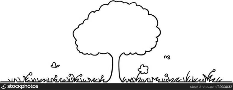 Vector Artistic Drawing Illustration of Simple Tree, Grass and Flowers Shape Design Element. Vector artistic pen and ink drawing illustration of simple tree shape design element with grass or meadow and flowers and butterflies around.