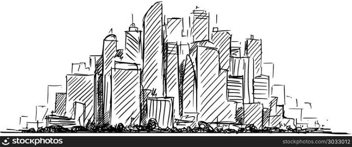 Vector Artistic Drawing Sketch of Generic City High Rise Cityscape Landscape with Skyscraper Buildings. Vector artistic sketchy pen and ink drawing illustration or sketch of generic city high rise cityscape landscape with skyscraper buildings.